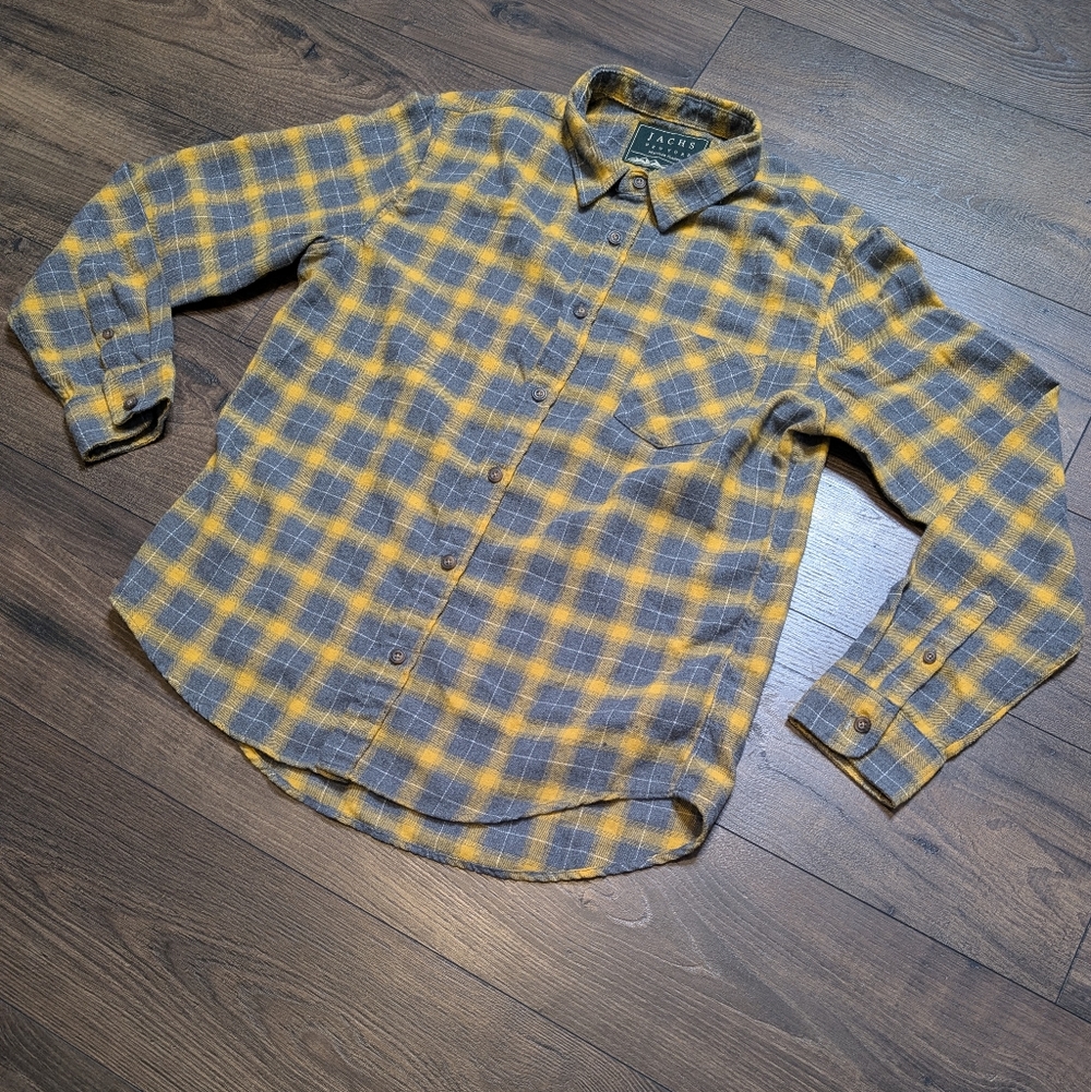 Jachs New York Recycled Flannel Yellow‎ Gray Plaid Casual Button Up Shirt Size L